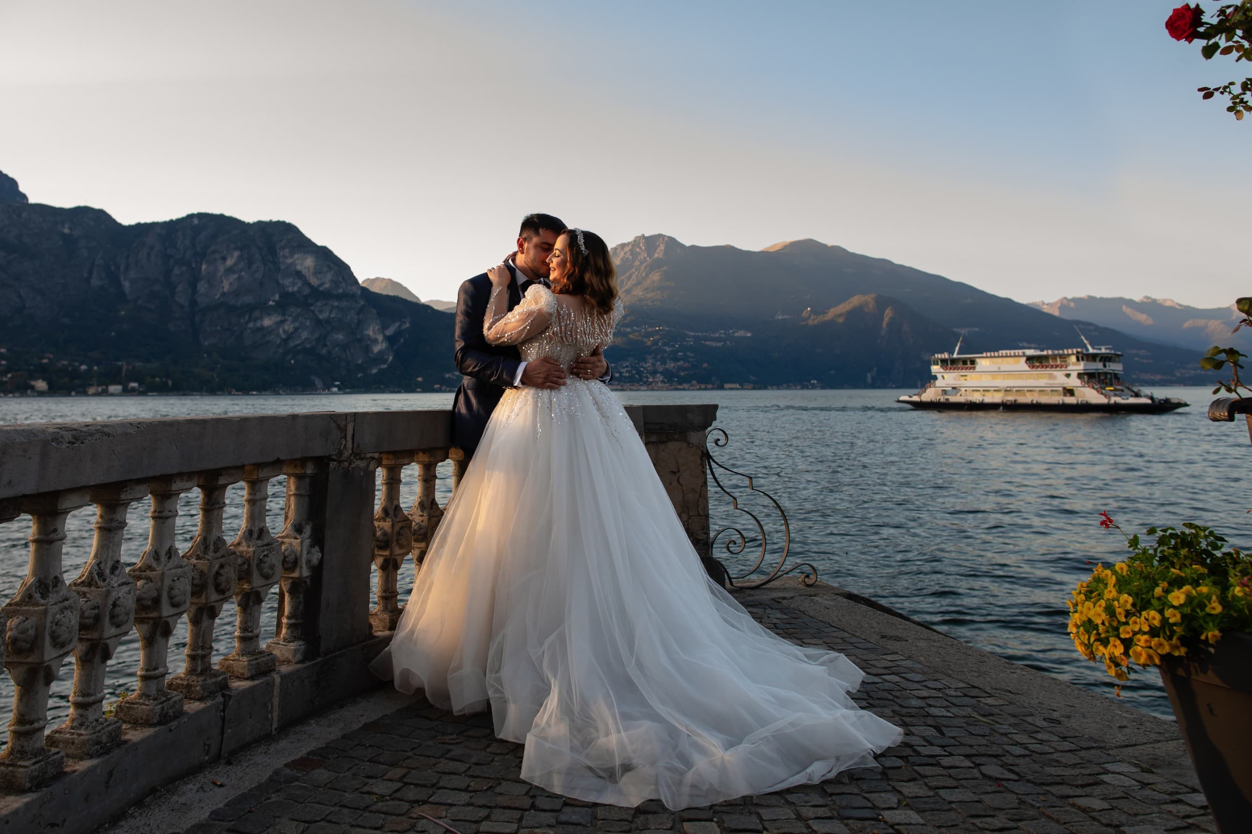 Wedding couple dancing at sunset